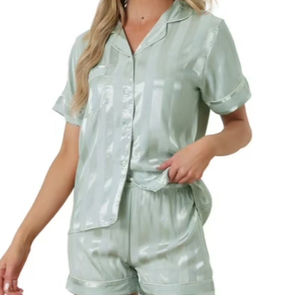 Jones New York Pajama Set Women XL Light Green Satin Short Sleeve Sleepwear